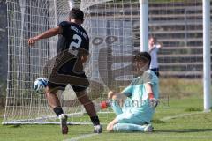 Bayernliga Nord - Saison 2024/25 - FC Ingolstadt 04 II - SV Fortuna Regensburg - Muhammed Atak (Nr.2 - FCI U21)  mit einer vergebenen Torchance - Köpper Nicolas Torwart Regensburg - XXXXX - Foto: Meyer Jürgen