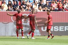 3. Liga; FC Ingolstadt 04 - FC Hansa Rostock; Tor Jubel Treffer 1:0 Dennis Kaygin (10, FCI) bläst Luftballon auf Simon Lorenz (32, FCI) Marcel Costly (22, FCI)