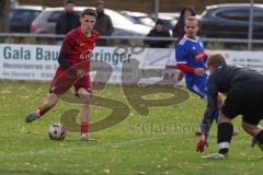 Kreisliga - Saison 2025/26- TSV Kösching - SV Zuchering - Jonas Betz blau Kösching - Leander Friedl rot Zuchering mit dem 0:1 Führungstreffer - jubel - Michael Zimmermann Torwart Kösching - Foto: Meyer Jürgen