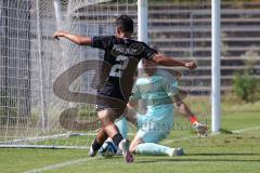 Bayernliga Nord - Saison 2024/25 - FC Ingolstadt 04 II - SV Fortuna Regensburg - Muhammed Atak (Nr.2 - FCI U21)  mit einer vergebenen Torchance - Köpper Nicolas Torwart Regensburg - XXXXX - Foto: Meyer Jürgen