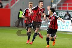 2. BL - Saison 2014/2015 - FC Ingolstadt 04 - FSV Frankfurt - Kopfballtor zum 1:0 Führungstreffer durch Benjamin Hübner (#5 FC Ingolstadt 04) - Alfredo Morales (#6 FC Ingolstadt 04) und Lukas Hinterseer (FC Ingolstadt 04) Jubeln - Foto: Jürgen Meyer