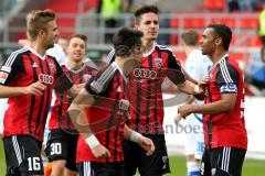 2. BL - Saison 2014/2015 - FC Ingolstadt 04 - FSV Frankfurt - Kopfballtor zum 1:0 Führungstreffer durch Benjamin Hübner (#5 FC Ingolstadt 04) - Alfredo Morales (#6 FC Ingolstadt 04) und Lukas Hinterseer (FC Ingolstadt 04) Jubeln - Marvin Matip (#34 FC Ing