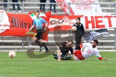 Regionalliga Bayern - FC Ingolstadt 04 II - FC Kickers Wuerzburg - Andreas Buchner wird von Daniel Donaldson gefoult. Foto: Adalbert Michalik