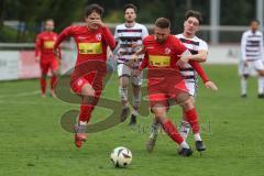 Kreisliga - Saison 2025/26- TSV Kösching - SV Kasing - David Ostermeier links rot Kösching - Valentin Hafner rot mitt Kösching - Marius Magdic weiss Kasing - Foto: Meyer Jürgen