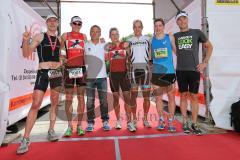 Triathlon Ingolstadt 2013 am Baggersee - Gerhard Budy mit den Siegern Horst Reichel und Jan Raphael