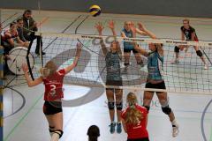 Volleyball Damen MTV Ingolstadt gegen TSV Obergünzburg - Schmidbauer L. und Schüler E. beim blocken -Foto: Jürgen Meyer